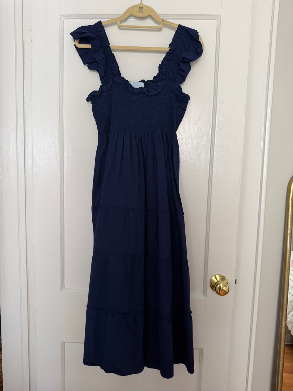 Hill House Ellie Nap Dress Navy Ruffle-Shoulder Smocked Tiered Midi Dress